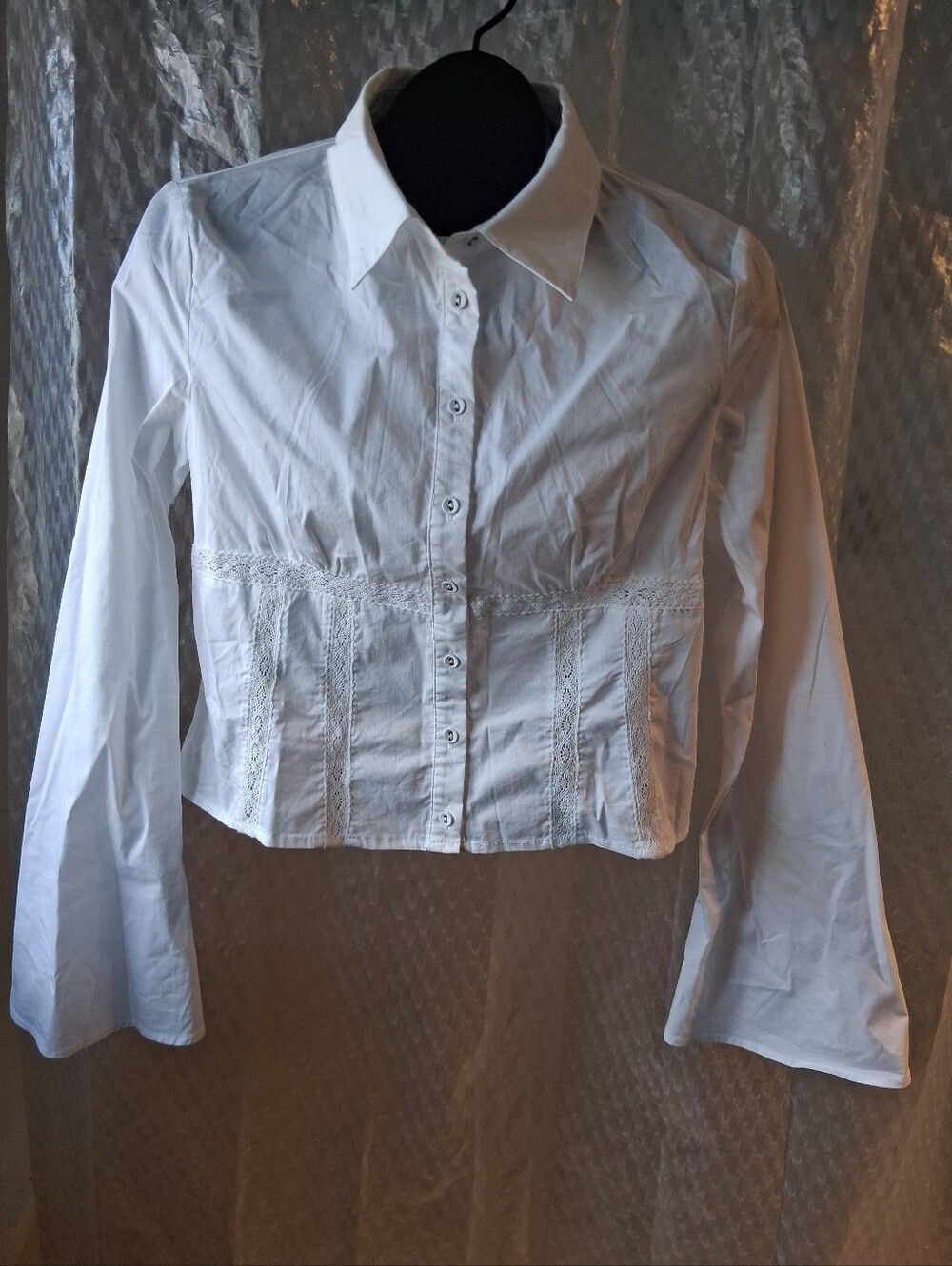 Fashion Nova White Button-Front Lace-Panel Cropped Shirt Size L NWOT